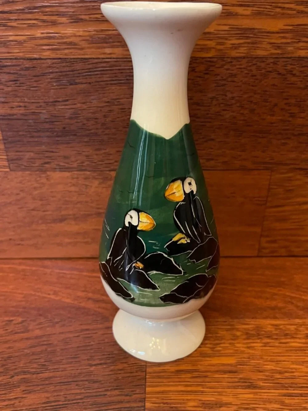 Mugs & Jugs Alaska Hand Painted Pottery Vase of Puffins Coastal Scene